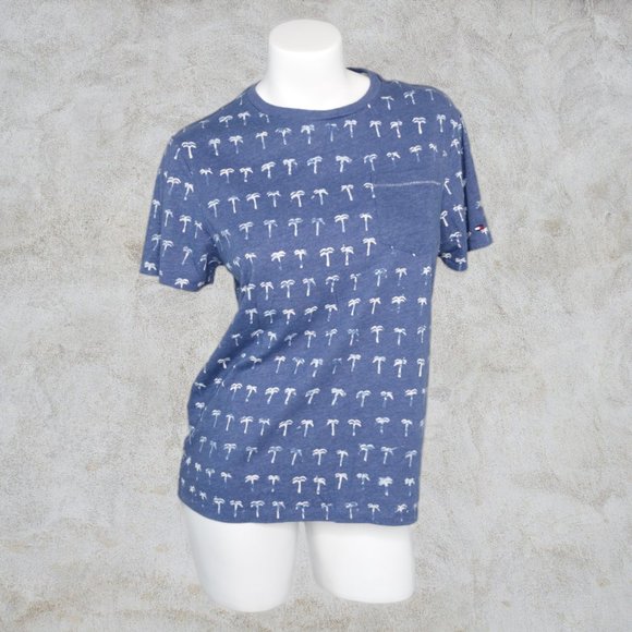 Tommy Hilfiger Light Denim Blue Tee with White Palm Trees All Over Print - Picture 1 of 9